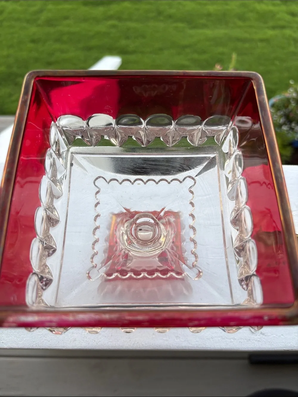 Ruby Red and Clear Glass Pedestal Bowl